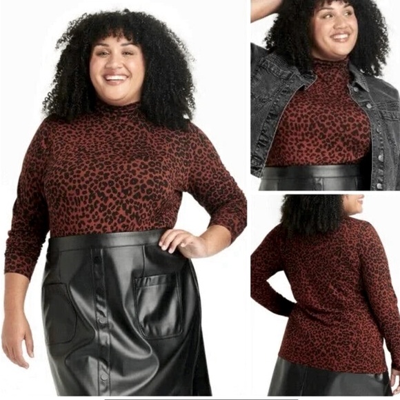 Ava & Viv Women relaxed plus size leopard animal print mock turtleneck top - Picture 1 of 4